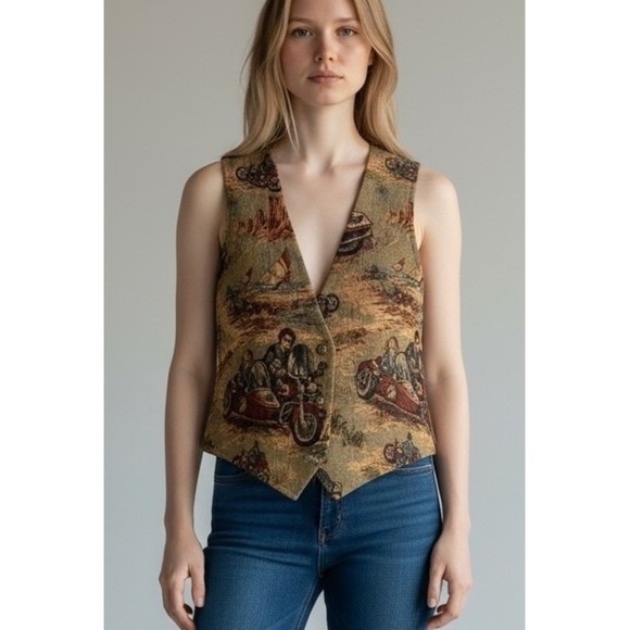 Vintage 80s Tapestry Vest Academia Motorcycle Boho Edwardian - Picture 1 of 16